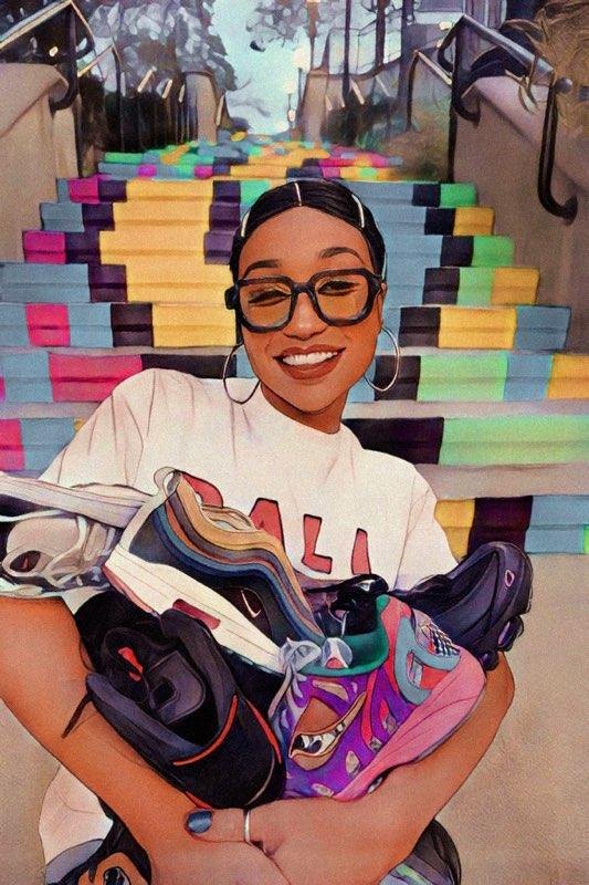 An illustrated portrait of Dalisha Pinto smiling with an armful of donated sneakers, in front of the painted rainbow steps in Bridgeport.
